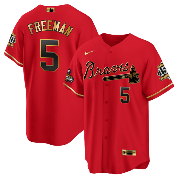 Men's Atlanta Braves #5 Freddie Freeman 2021 Red/Gold World Series Champions With 150th Anniversary Patch Cool Base Stitched Jersey Men's Atlanta Braves #5 Freddie Freeman 2021 Red/Gold World Series Champions With 150th Anniversary Patch Cool Base Stitched Jersey